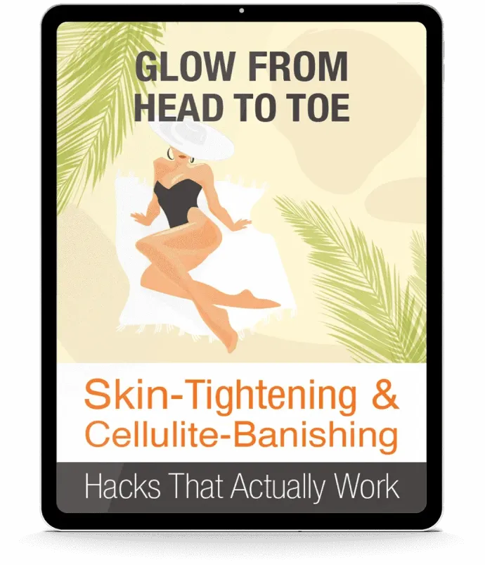 Digital graphic of a woman in a swimsuit enjoying a beach day, promoting skin-tightening and cellulite-reducing tips.