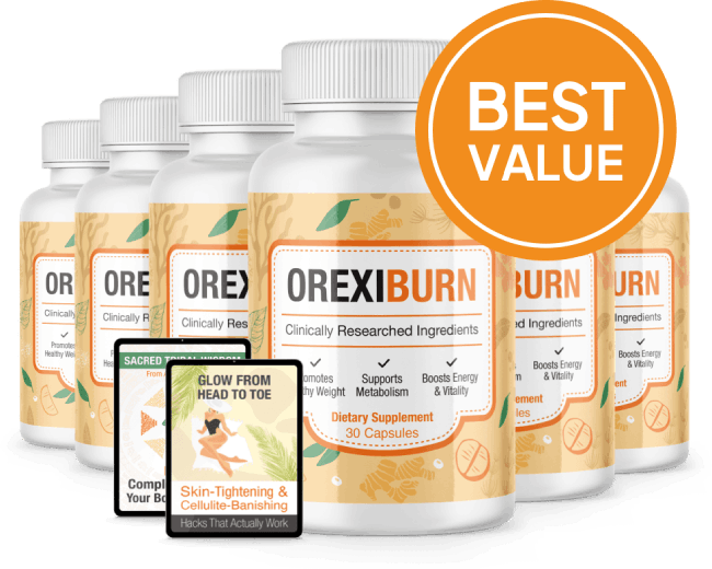 six bottles of OrexiBurn dietary supplement, marked with a 