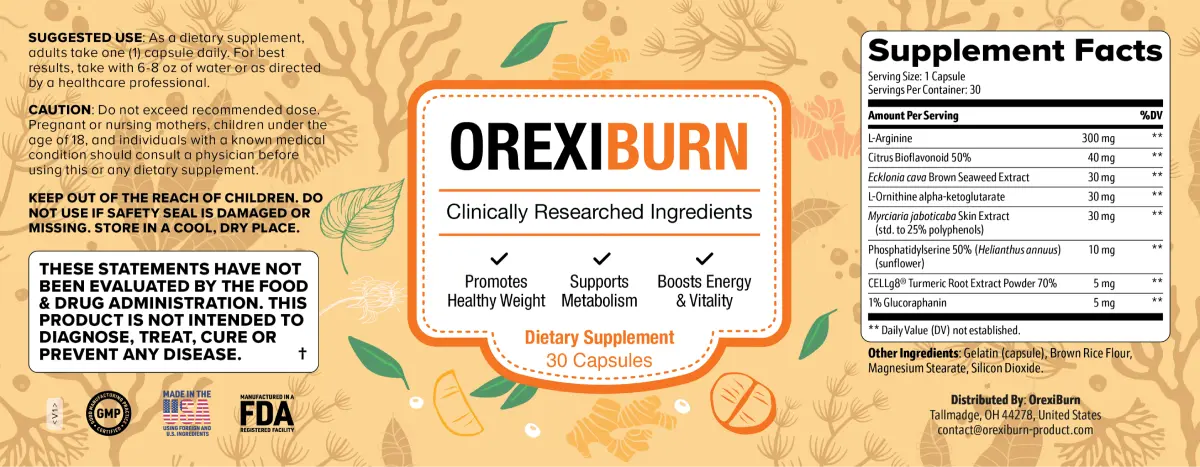 Orexi Burn dietary supplement label featuring the ingredients list, serving size, and recommended use.