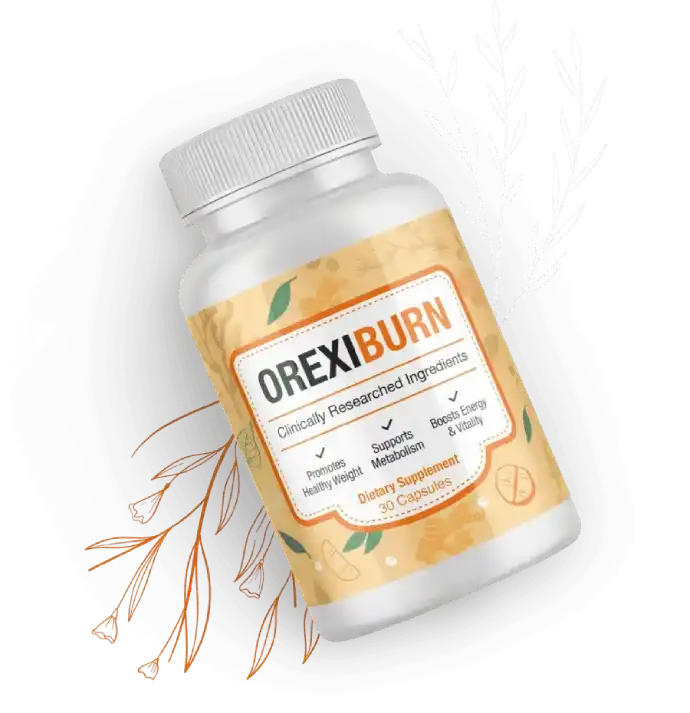 White bottle of OREXIBURN dietary supplement, featuring clinically researched ingredients, promoting healthy weight and supporting metabolism.