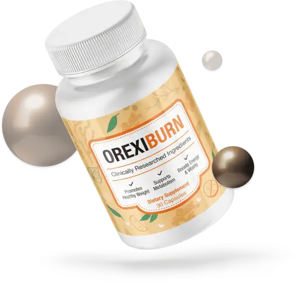 A bottle of OrexiBurn dietary supplement, adorned with a floral design, claims to support healthy weight management and boost metabolism.